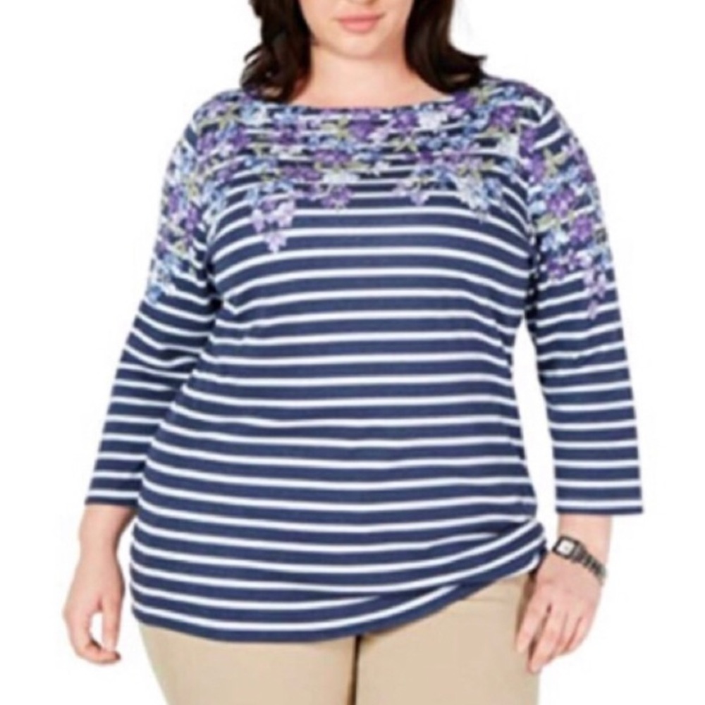 Karen Scott Plus Heather Indigo Printed Embellished Blissful Blooms Top, 0X